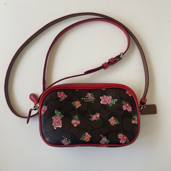 Coach Mini Crossbody Bag Signature Shoulder Bag Brown Red Floral - Picture 1 of 10